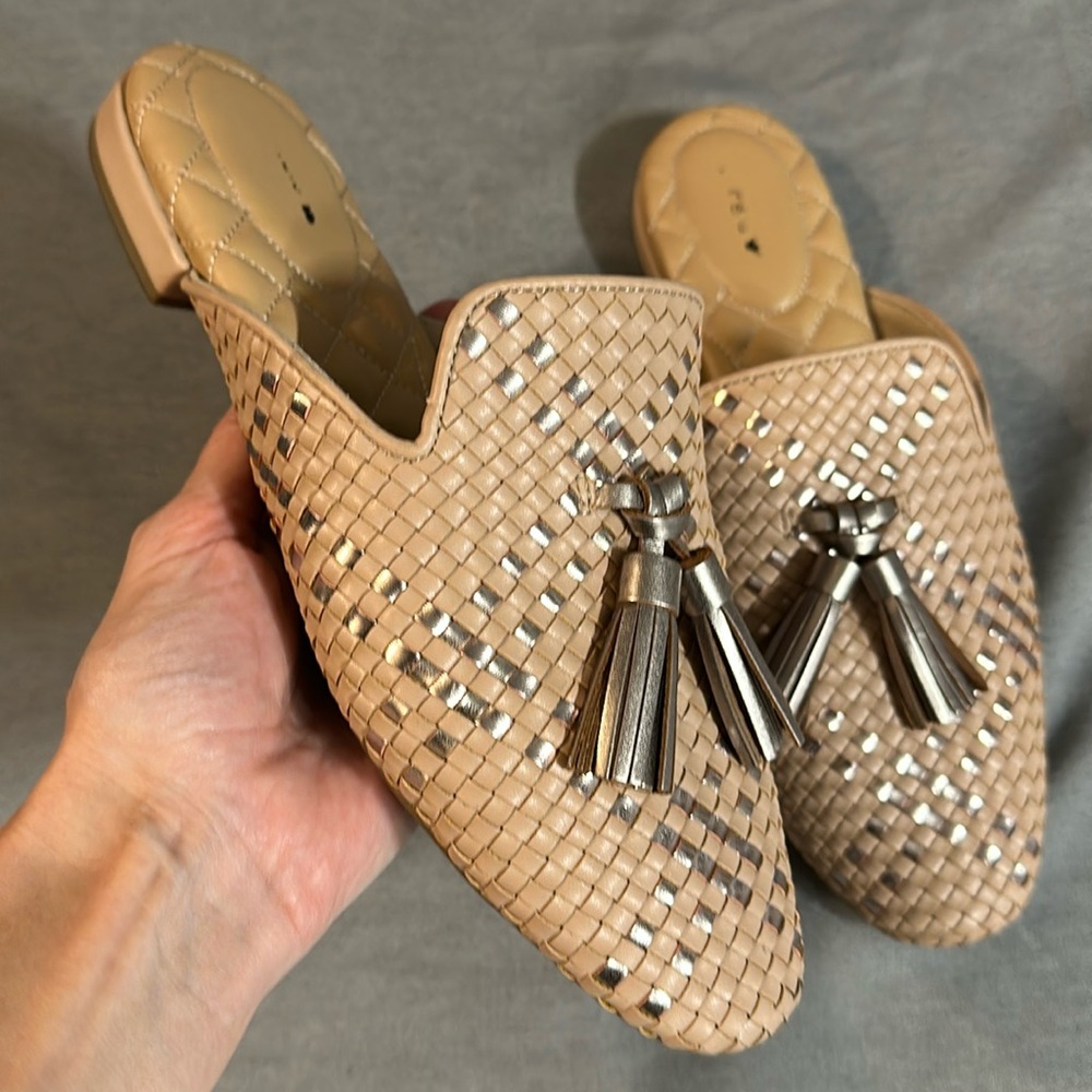 Birdies Nude Woven Tassel Mules with Metallic Accents